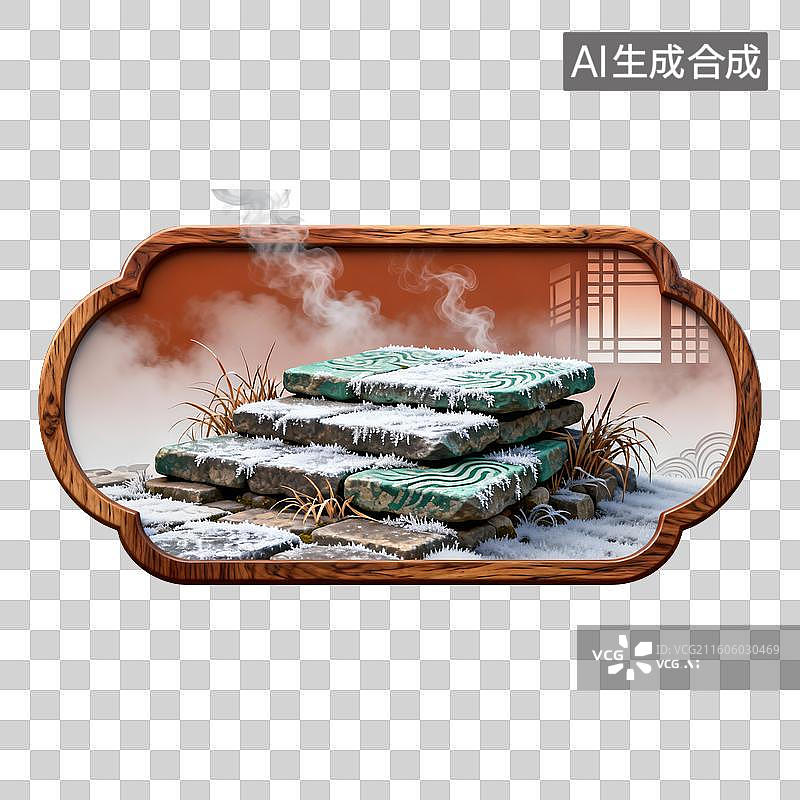 【AI数字艺术】中式木框中的雪覆石板景观图片素材