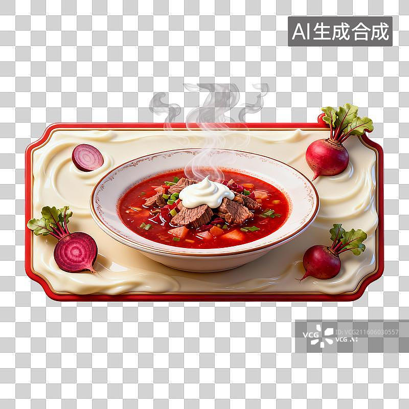 【AI数字艺术】热气腾腾的红菜汤配奶油及新鲜甜菜蔬菜图片素材