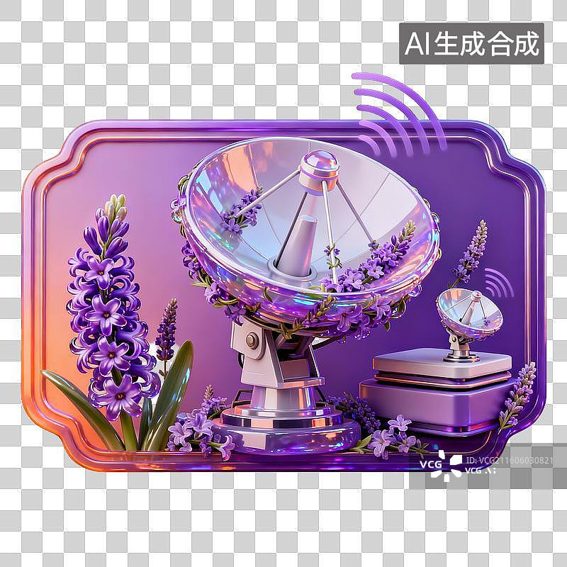 【AI数字艺术】紫色科技风卫星接收器与风信子花卉装置图片素材