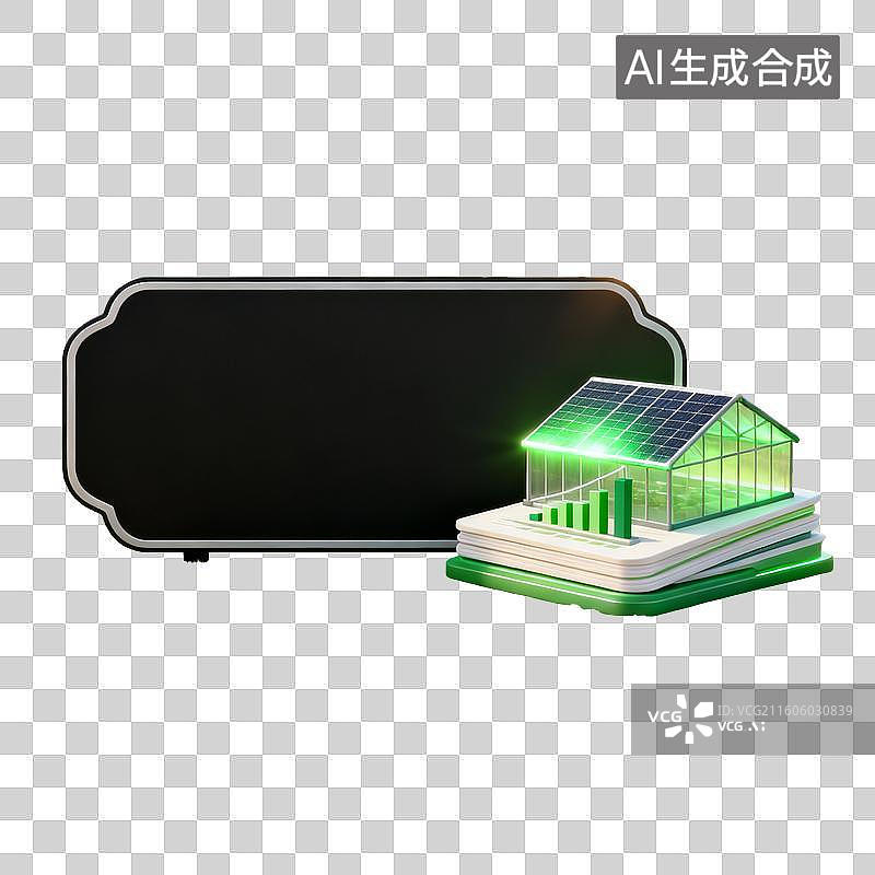 【AI数字艺术】绿色能源住宅与数据图表及空白标牌图片素材