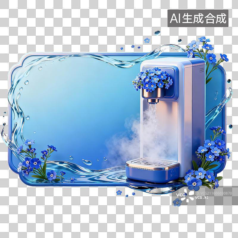【AI数字艺术】梦幻蓝花装饰饮水机与水波边框图片素材
