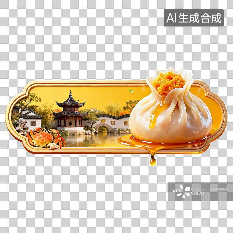 【AI数字艺术】江南园林旁的蟹黄汤包图片素材