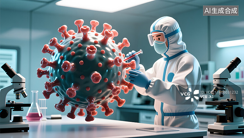 【AI数字艺术】隔离服科学家病毒学实验研究图片素材