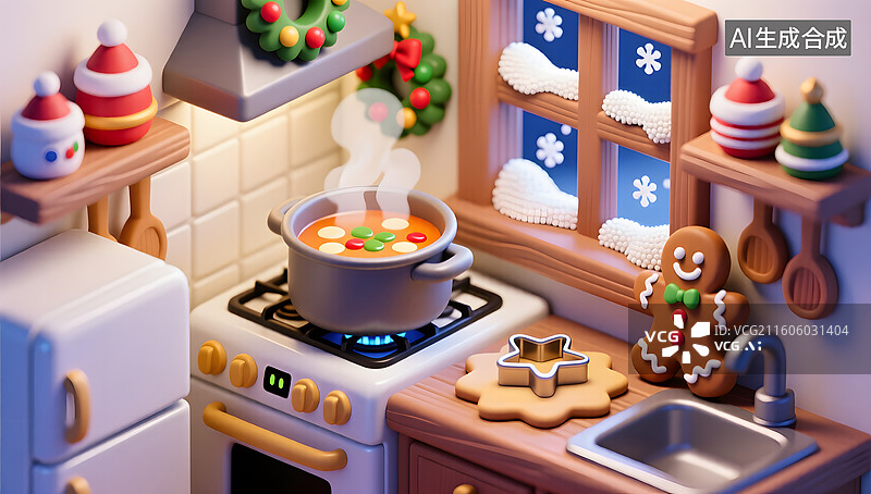 【AI数字艺术】圣诞厨房微缩场景温馨可爱图片素材