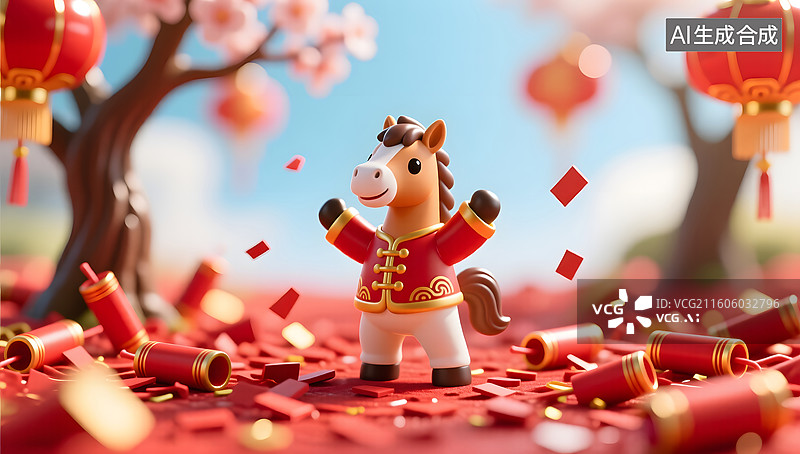 【AI数字艺术】微缩生肖马在爆竹碎屑中欢快起舞图片素材
