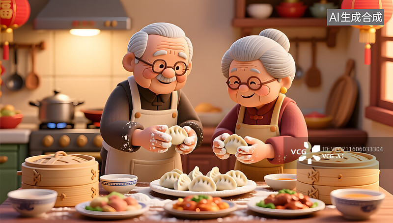 【AI数字艺术】团圆厨房中老年夫妇温馨包饺子时光图片素材