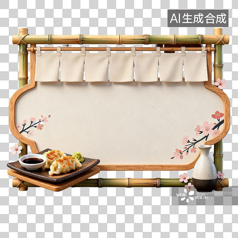 【AI数字艺术】日式竹框装饰配煎饺樱花与清酒壶图片素材