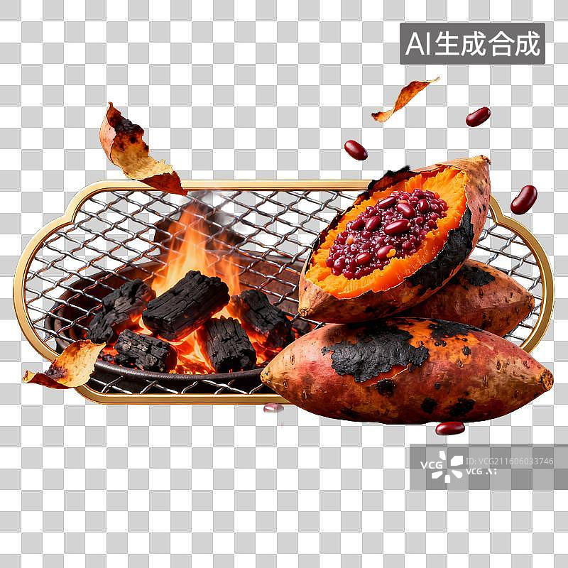 【AI数字艺术】炭火烤架上的红豆馅烤红薯图片素材