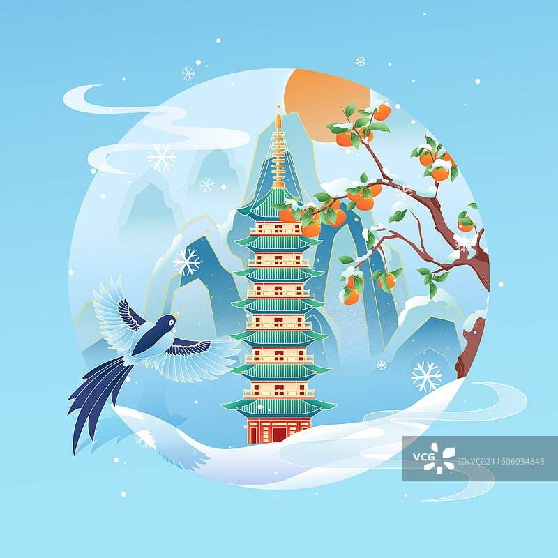 国风节气大雪温州城市建筑矢量插画图片素材