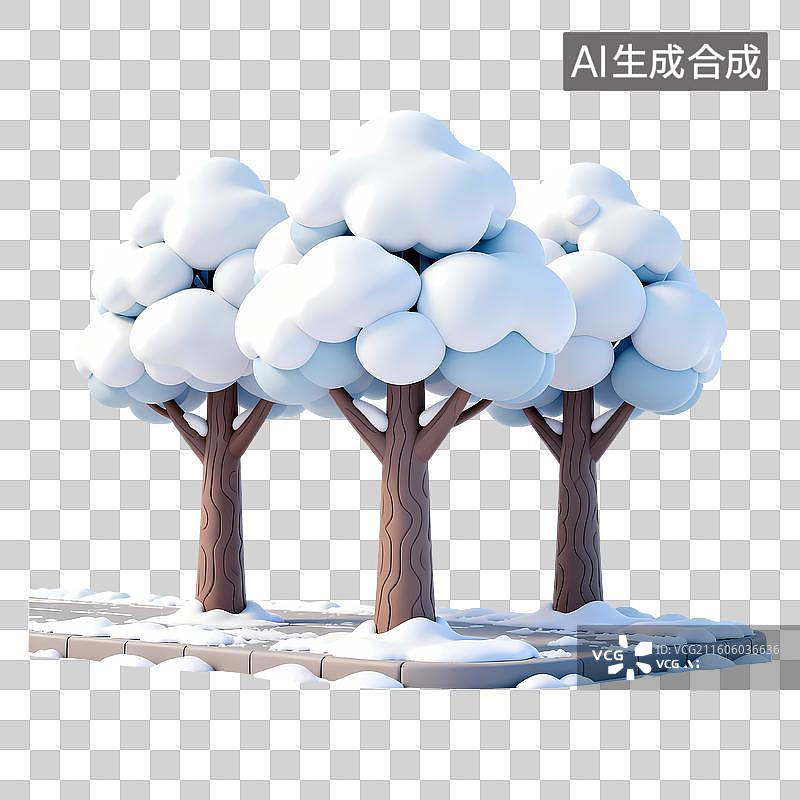 【AI数字艺术】积雪行道树3D卡通立体C4D渲染插画元素图片素材