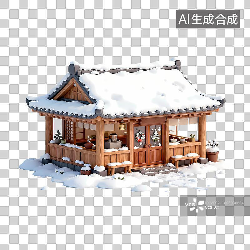【AI数字艺术】积雪小木屋中式3D卡通立体C4D渲染插画元素图片素材