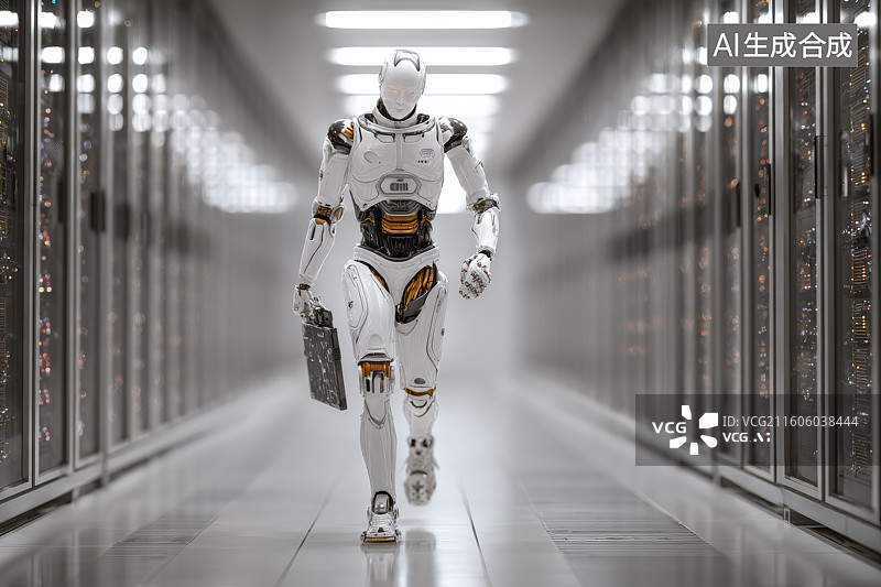【AI数字艺术】白色服务机器人奔跑穿越数据机房通道图片素材