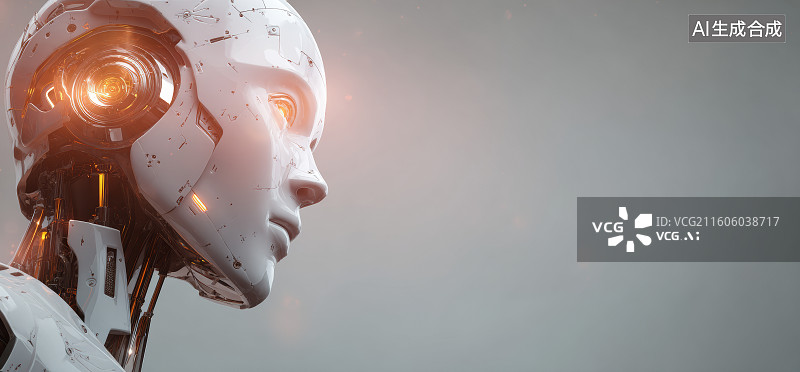 【AI数字艺术】侧脸白色仿生机器人配备橙色能量接口特写图片素材