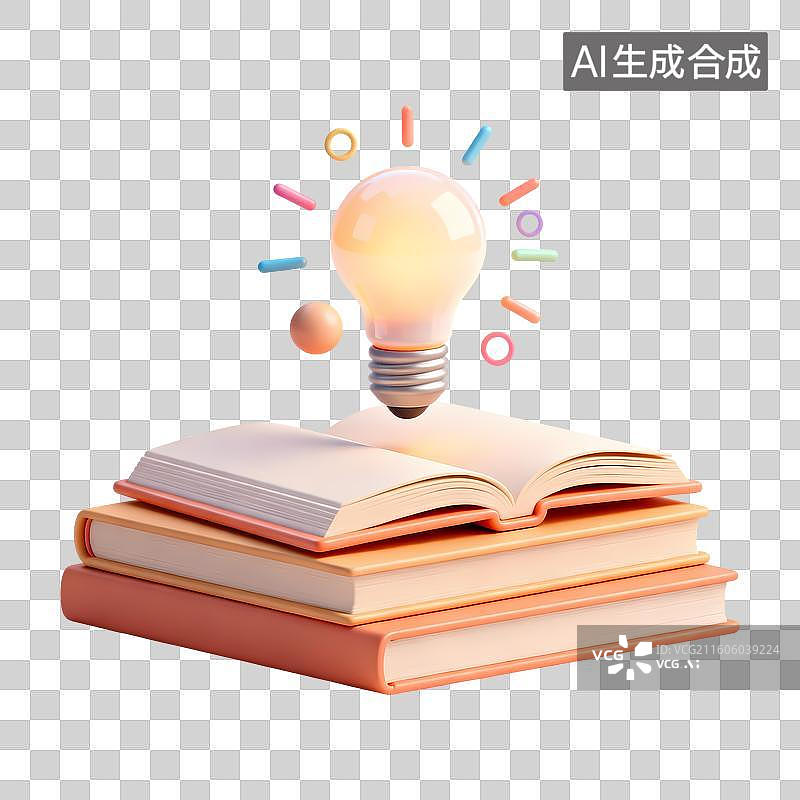 【AI数字艺术】放开的书本灯泡几何装饰教育3D卡通立体C4D渲染质感插画元素图片素材