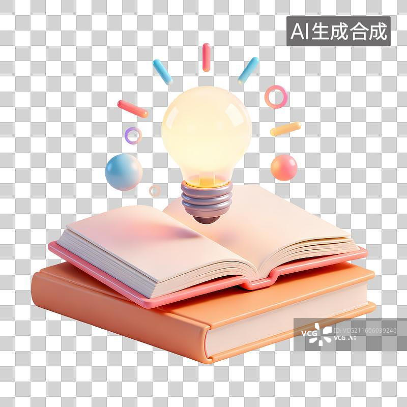 【AI数字艺术】放开的书本灯泡几何装饰教育3D卡通立体C4D渲染质感插画元素图片素材