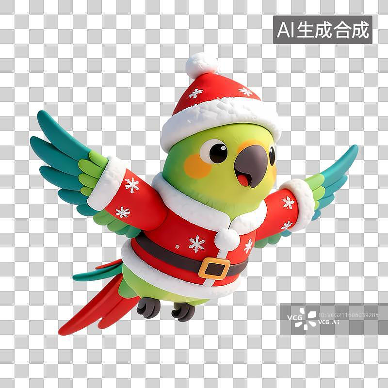 【AI数字艺术】穿着红色圣诞衣服和帽子的飞翔的绿色鹦鹉下雪3D卡通立体C4D渲染质感插画元素图片素材