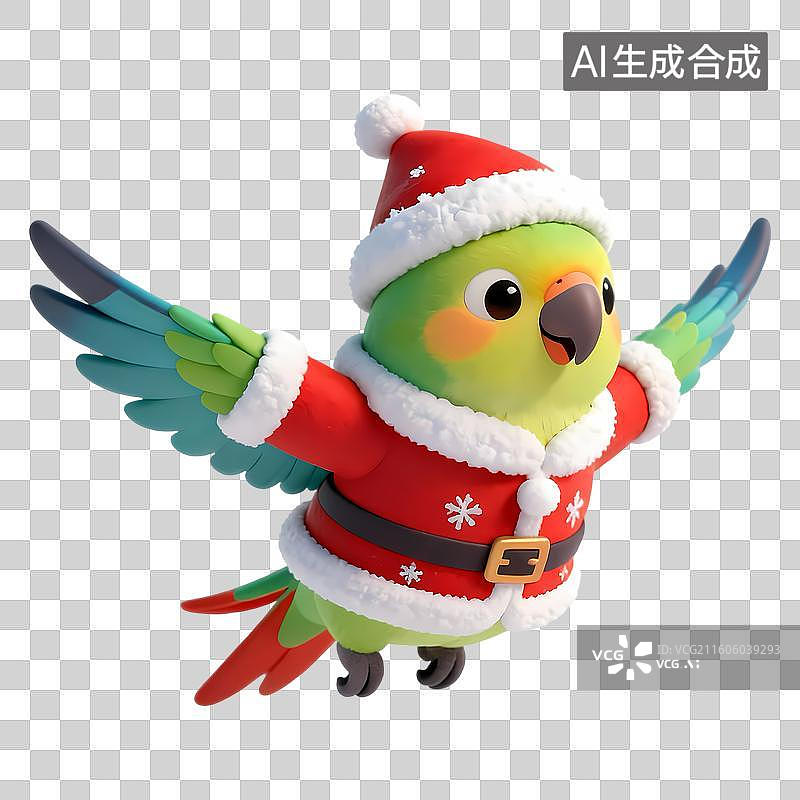 【AI数字艺术】穿着红色圣诞衣服和帽子的飞翔的绿色鹦鹉下雪3D卡通立体C4D渲染质感插画元素图片素材