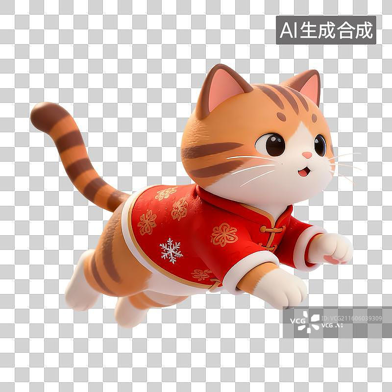 【AI数字艺术】穿着红色衣服的奔跑的小猫3D卡通立体C4D渲染质感插画元素图片素材