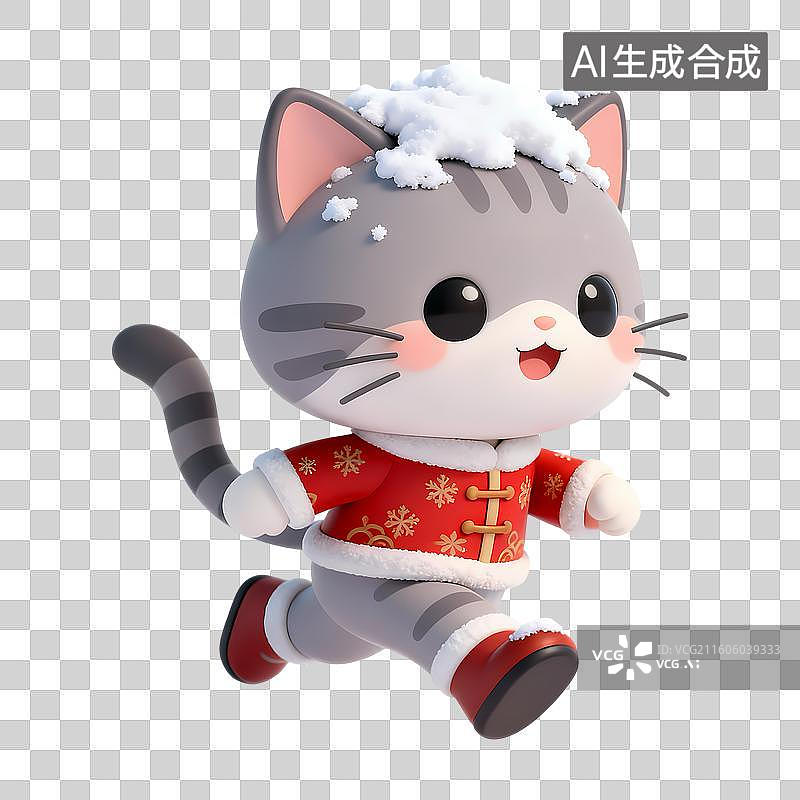 【AI数字艺术】穿着红色衣服的奔跑的小猫3D卡通立体C4D渲染质感插画元素图片素材