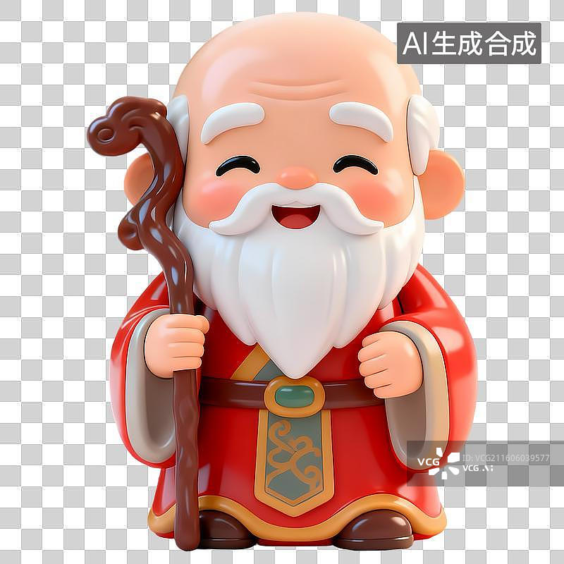【AI数字艺术】老寿星祝寿中式神仙传统文化Q版3D卡通立体C4D渲染质感插画元素图片素材