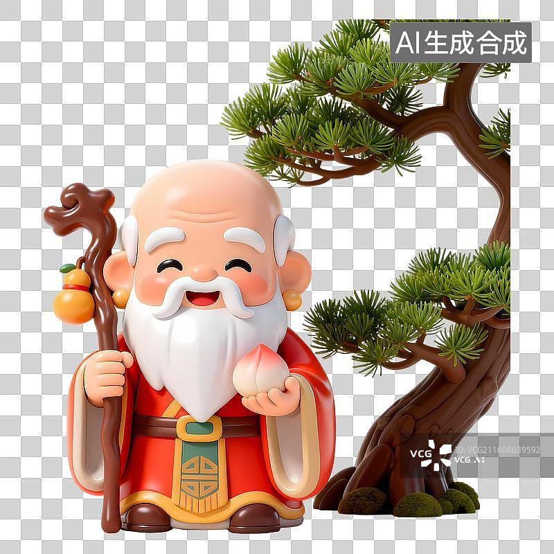 【AI数字艺术】老寿星祝寿中式神仙传统文化Q版3D卡通立体C4D渲染质感插画元素图片素材