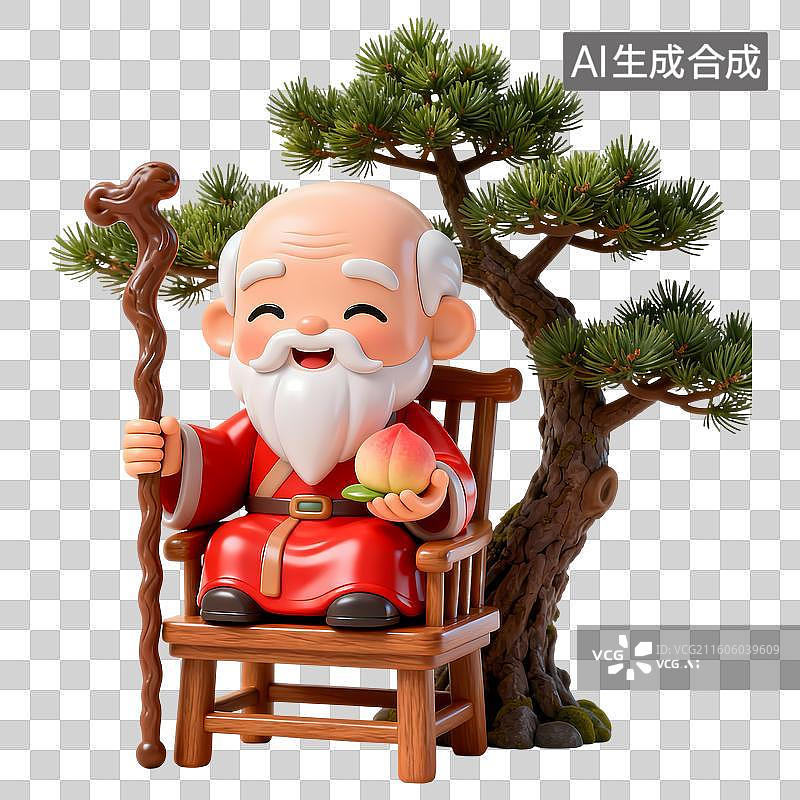 【AI数字艺术】老寿星祝寿中式神仙传统文化Q版3D卡通立体C4D渲染质感插画元素图片素材
