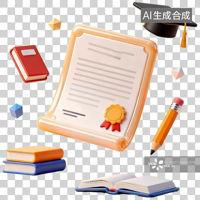 【AI数字艺术】毕业帽学位证图书教育元素3D卡通立体C4D渲染质感插画元素图片素材