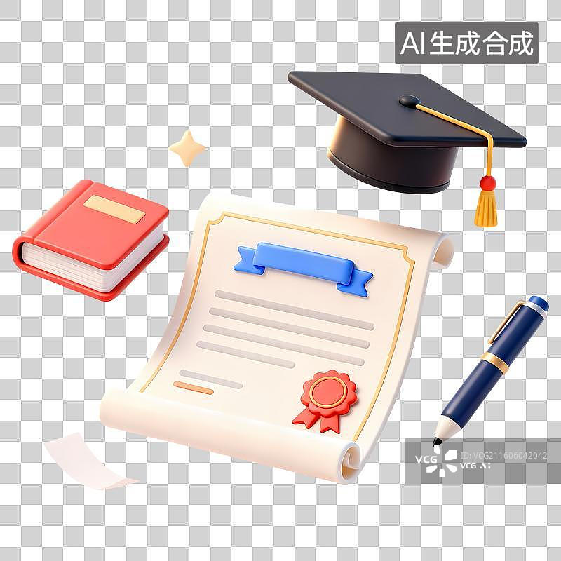 【AI数字艺术】毕业帽学位证图书教育元素3D卡通立体C4D渲染质感插画元素图片素材