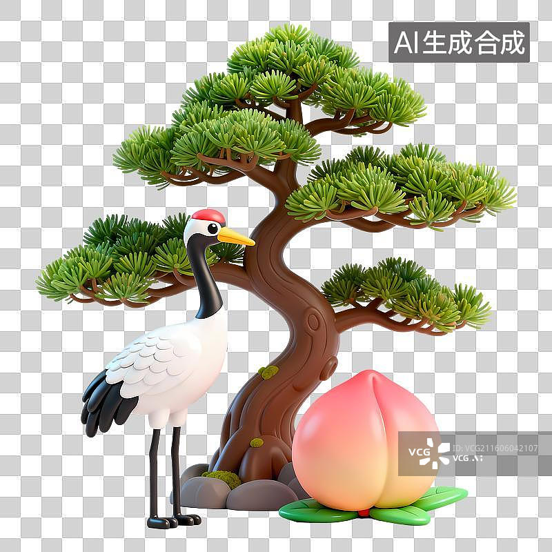 【AI数字艺术】松树与仙鹤桃子3D卡通立体C4D渲染质感插画元素图片素材