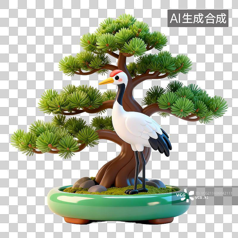 【AI数字艺术】松树与仙鹤3D卡通立体C4D渲染质感插画元素图片素材