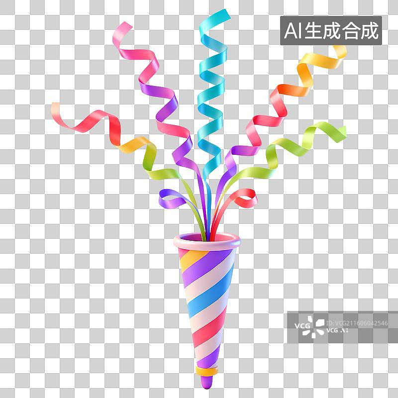 【AI数字艺术】礼花炮喷洒亮片彩带3D卡通立体C4D渲染质感插画元素图片素材