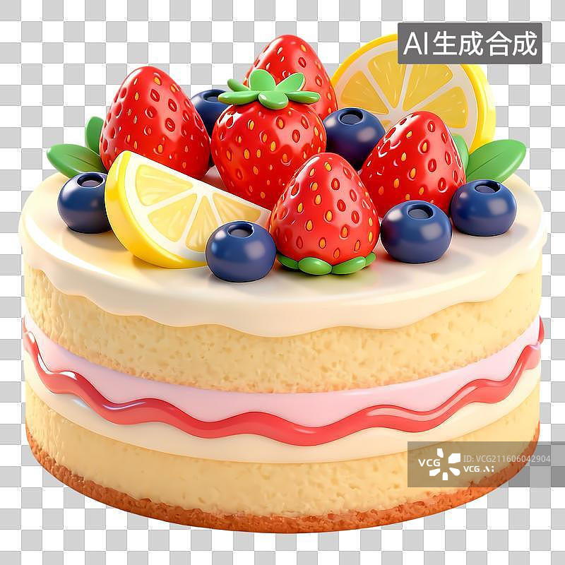 【AI数字艺术】一个双层水果蛋糕3D卡通立体C4D渲染质感插画元素图片素材