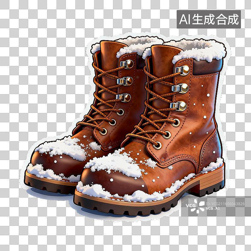 【AI数字艺术】3D 冰雪覆盖棕色皮靴马丁靴免抠设计素材图片素材