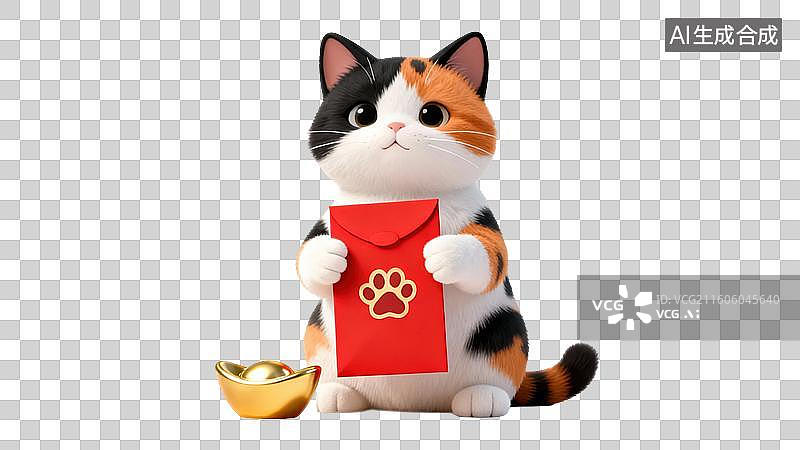【AI数字艺术】三色猫手持红包与金元宝图片素材