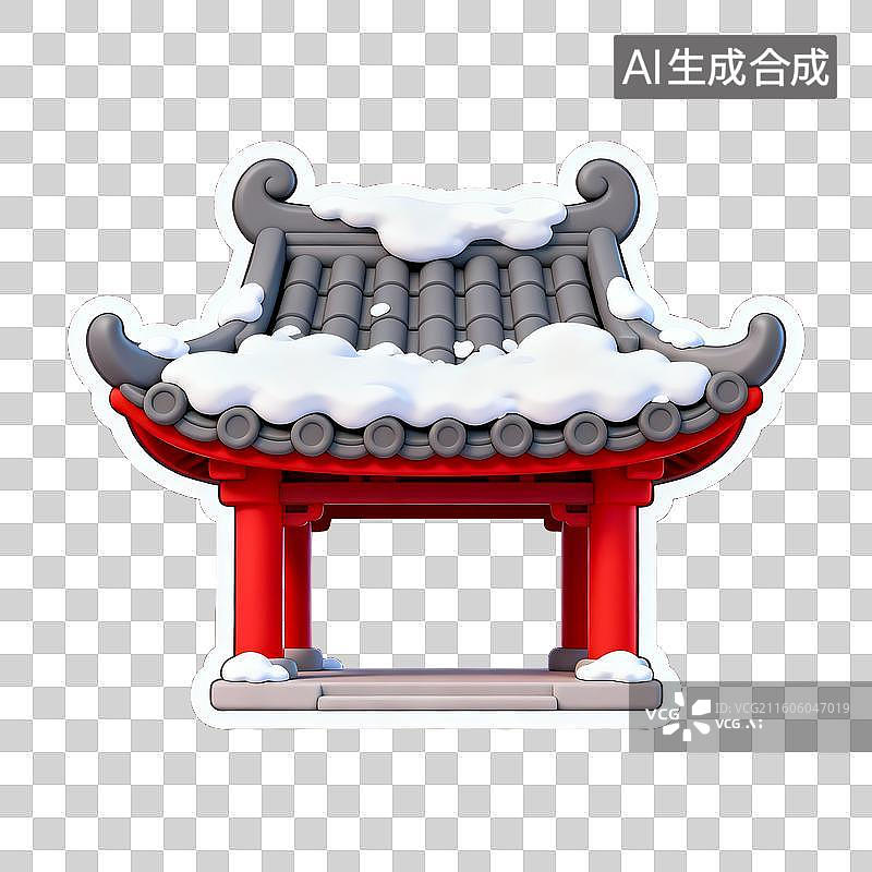 【AI数字艺术】3D 冰雪覆盖中式建筑门廊红色柱子免抠设计素材图片素材