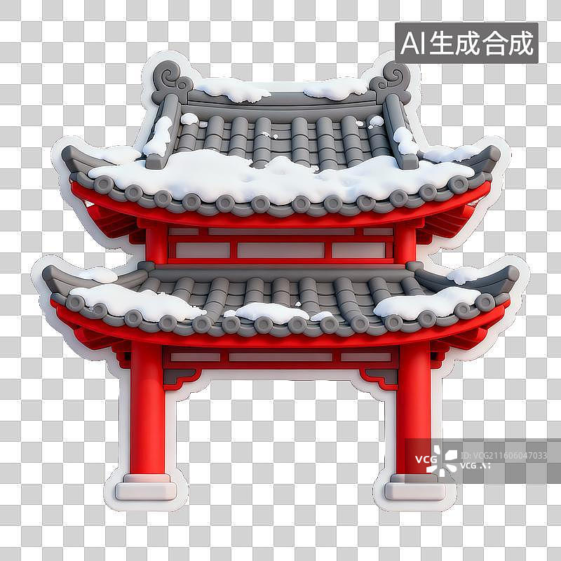 【AI数字艺术】3D 冰雪覆盖中式建筑门廊红色柱子免抠设计素材图片素材