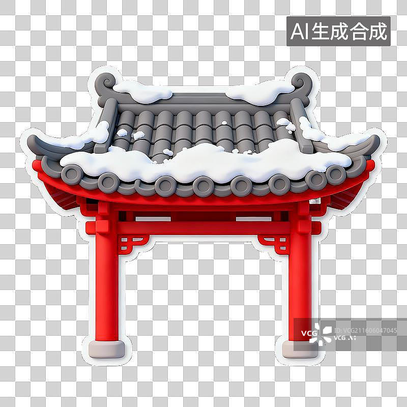 【AI数字艺术】3D 冰雪覆盖中式建筑门廊红色柱子免抠设计素材图片素材