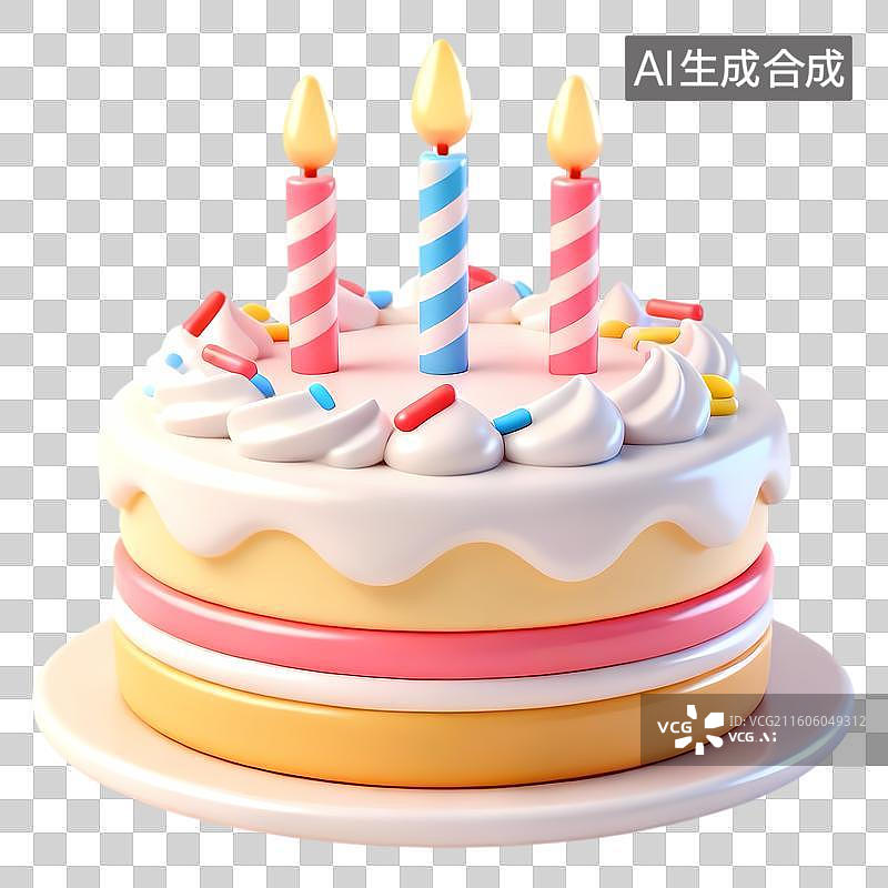 【AI数字艺术】插着蜡烛的生日蛋糕3D卡通立体C4D渲染质感插画元素图片素材