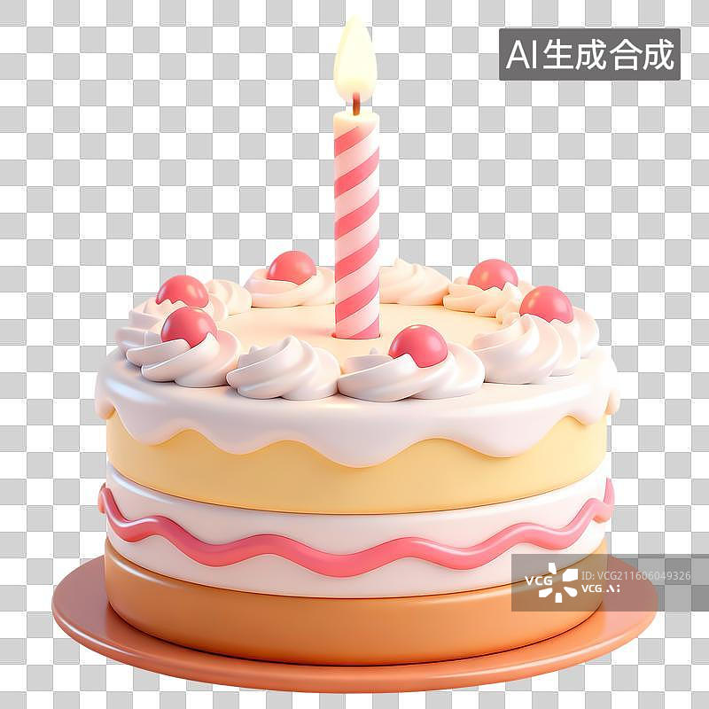 【AI数字艺术】插着蜡烛的生日蛋糕3D卡通立体C4D渲染质感插画元素图片素材