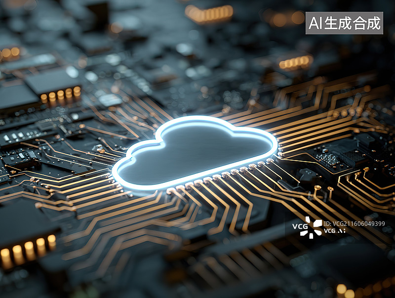 【AI数字艺术】电路板上的发光云图标图片素材