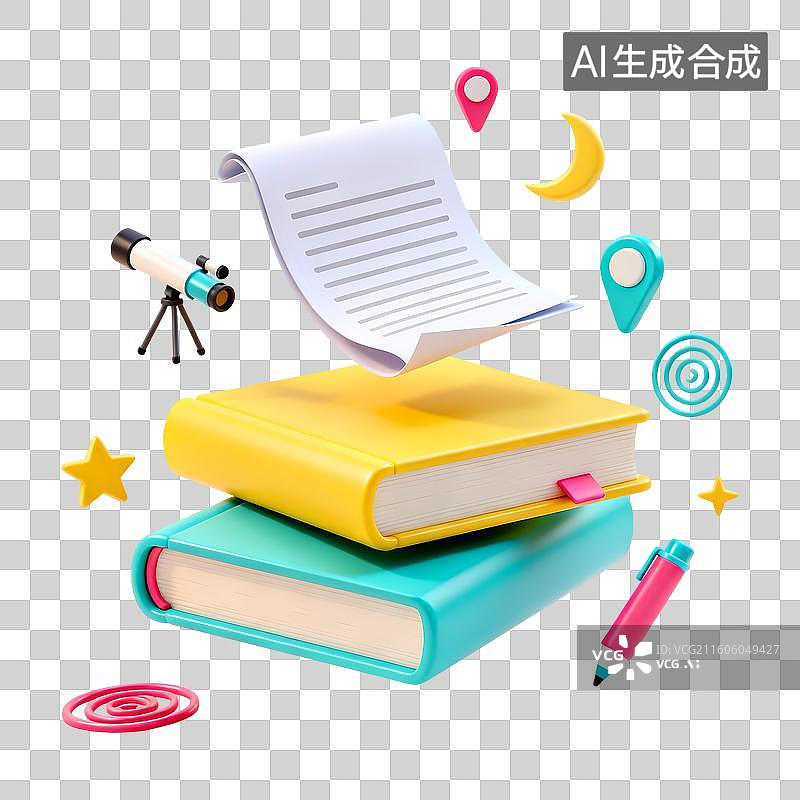 【AI数字艺术】望远镜地点定位符号马克笔3D卡通立体C4D渲染质感插画元素图片素材