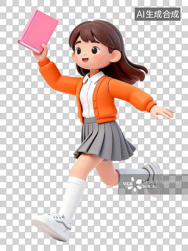 【AI数字艺术】3D卡通粘土商务招聘女孩持书奔跑图片素材