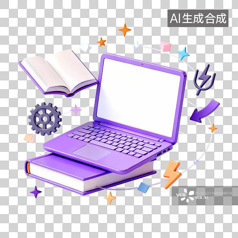 【AI数字艺术】紫色系齿轮电脑图书箭头闪电3D卡通立体C4D渲染质感插画元素图片素材