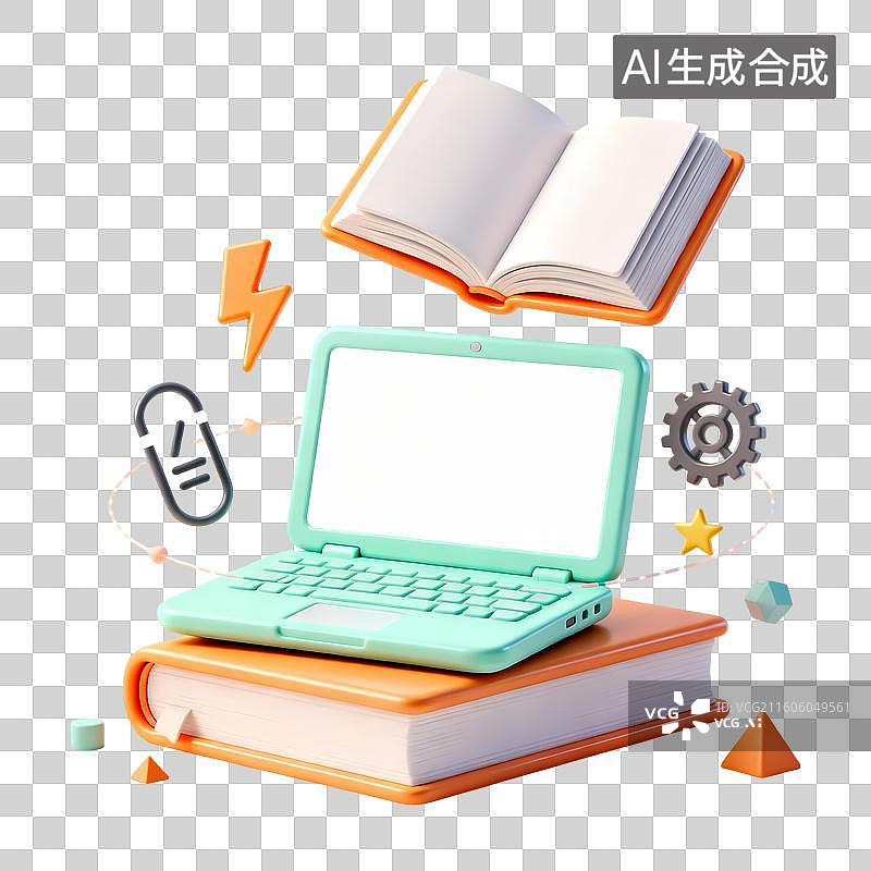 【AI数字艺术】薄荷绿色电脑图书齿轮闪电箭头3D卡通立体C4D渲染质感插画元素图片素材