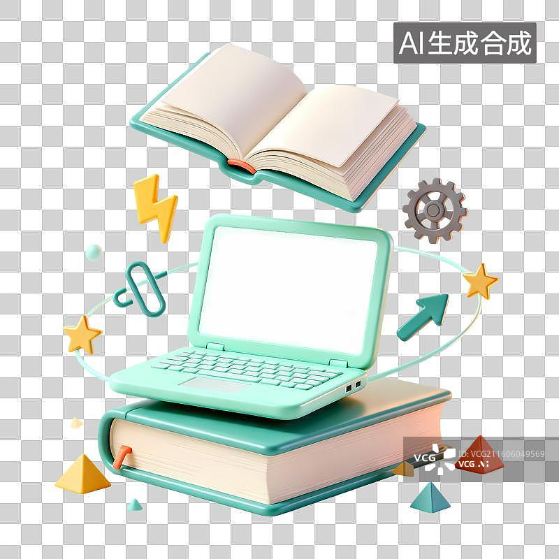 【AI数字艺术】薄荷绿色电脑图书齿轮闪电箭头3D卡通立体C4D渲染质感插画元素图片素材