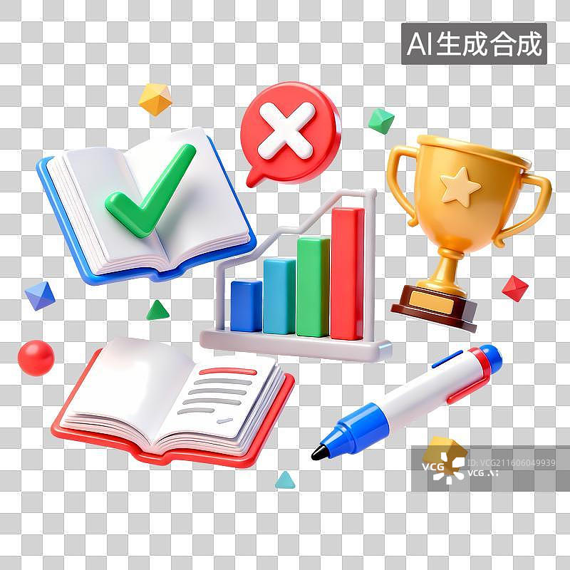【AI数字艺术】奖杯柱状图打勾图书笔文件3D卡通立体C4D渲染质感插画元素图片素材