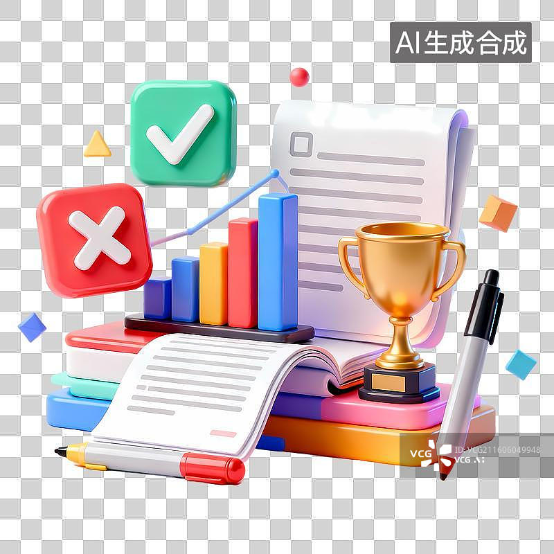 【AI数字艺术】奖杯柱状图打勾图书笔文件3D卡通立体C4D渲染质感插画元素图片素材