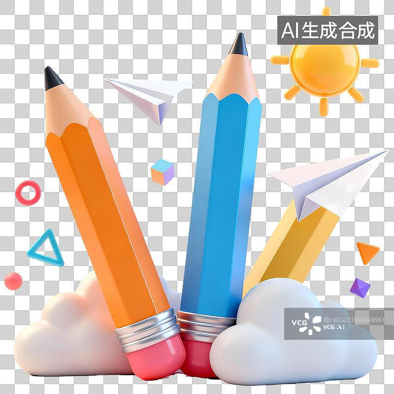【AI数字艺术】铅笔云朵太阳3D卡通立体C4D渲染质感插画元素图片素材