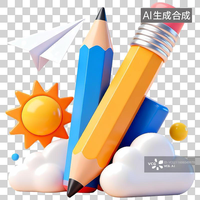 【AI数字艺术】铅笔云朵太阳3D卡通立体C4D渲染质感插画元素图片素材