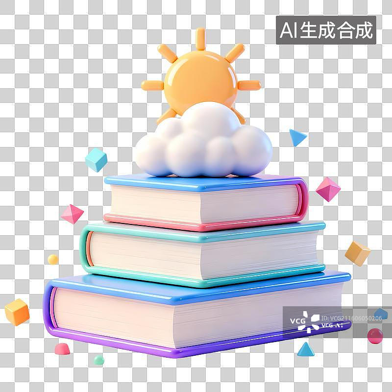 【AI数字艺术】一摞书上有太阳云朵3D卡通立体C4D渲染质感插画元素图片素材